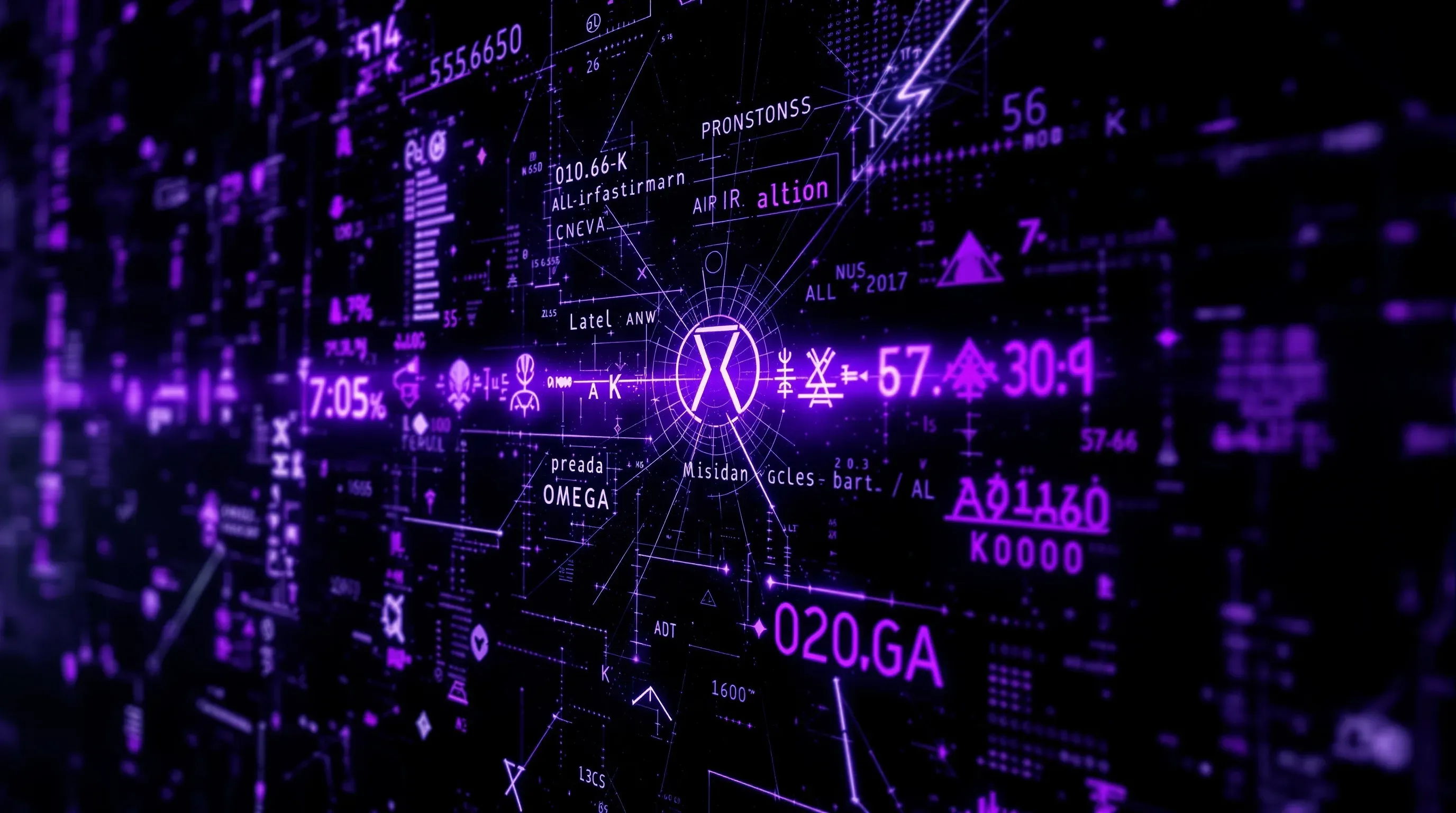 a dark wall of glowing violet symbols, numbers and fragments of text, with a circular emblem at the center