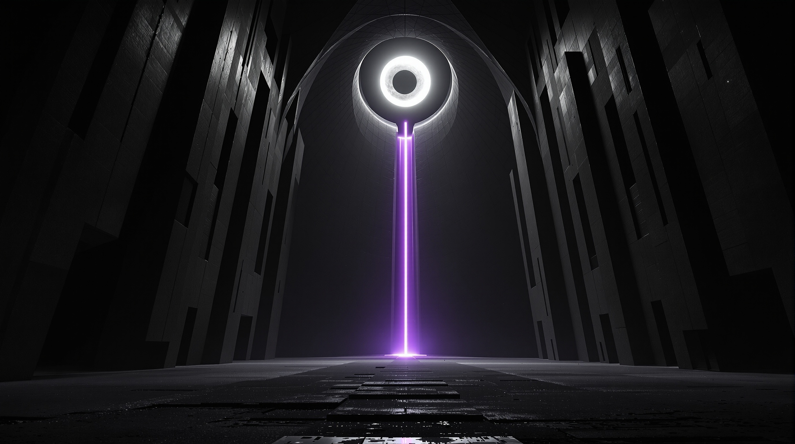 celestial cathedral — interior void with eclipsed oculus and violet shaft of light