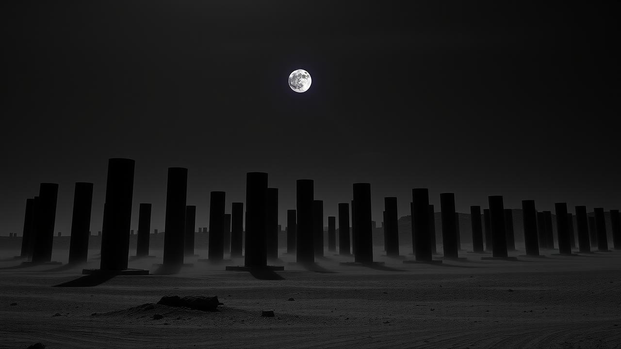 dust pillars — black brutalist columns under eclipsed moon