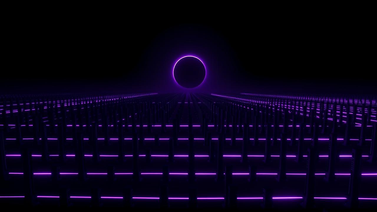 signal array — antenna grid receding to violet eclipse horizon
